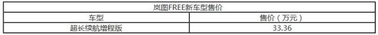 售33.36万元 岚图FREE新增超长续航增程版